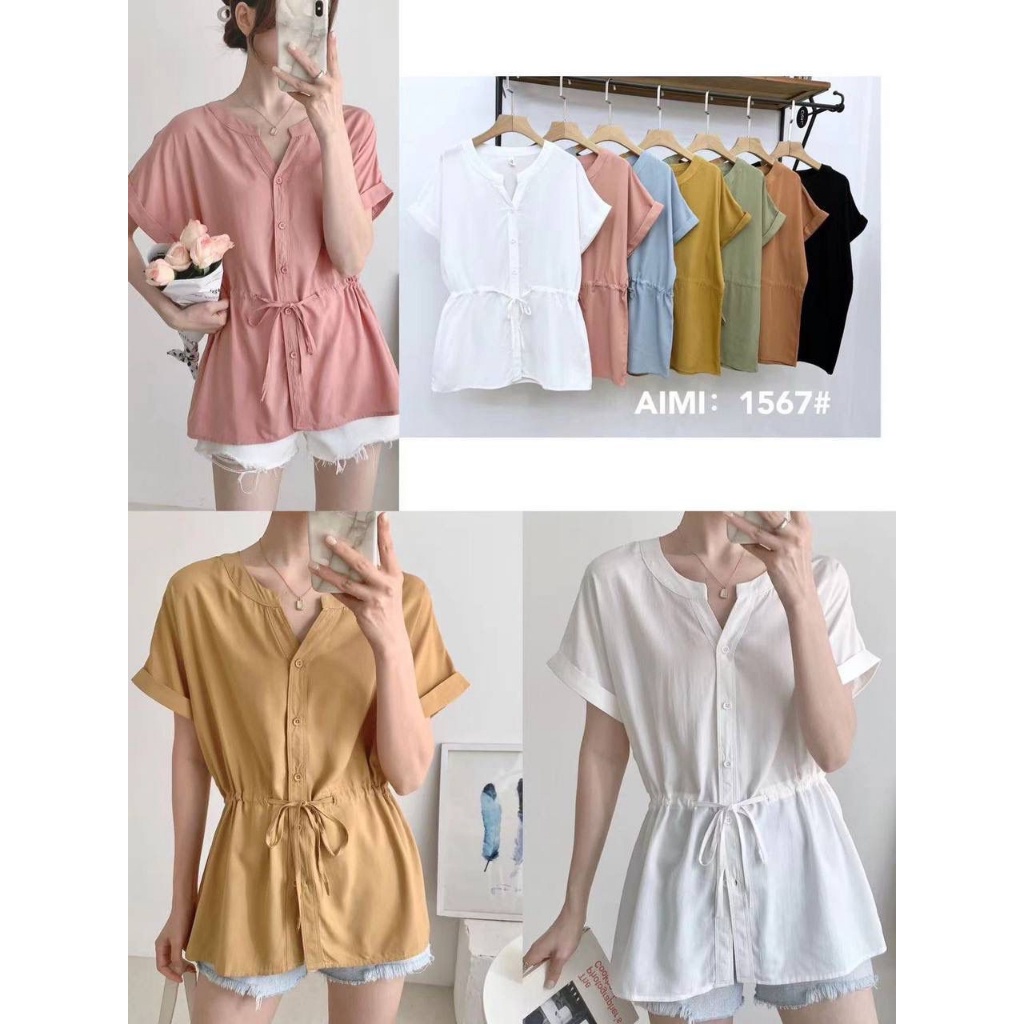 06430 BLOUSE KEMEJA KATUN OVERSIZED BASIC POLOS KERAH V NECK TANGAN LIPAT PENDEK VARIASI PINGGANG SE