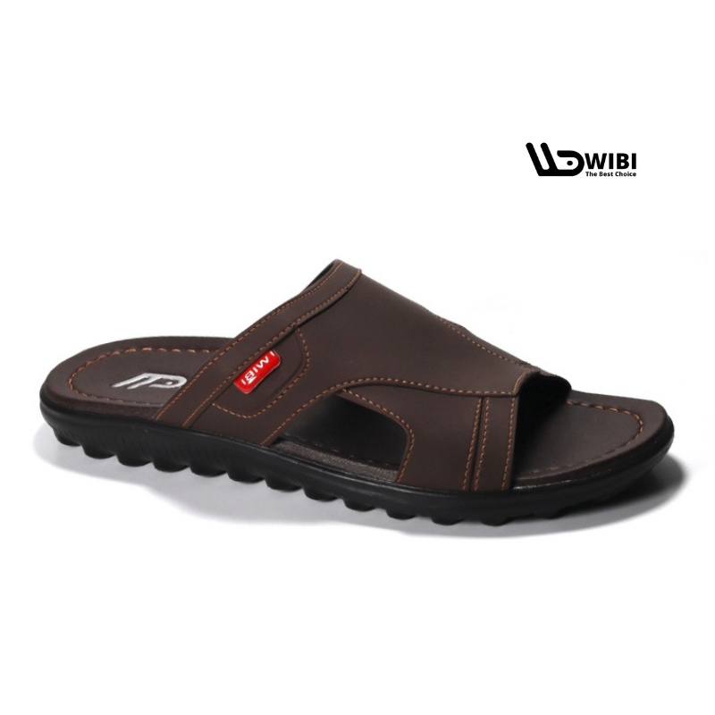 WIBI 39-43 Smooth Logo Dark Brown - Sandal Kulit Slide Selop Pria Dewasa Original Wibi S12 - 01