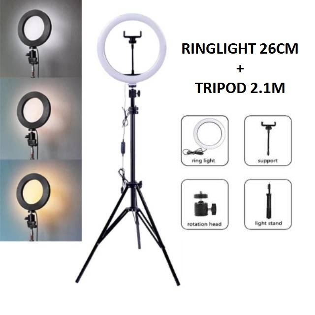 AKSINDO RINGLIGHT 26CM Paket Ringlight 26cm dengan Tripod 210cm untuk HP Lampu Live Vlog