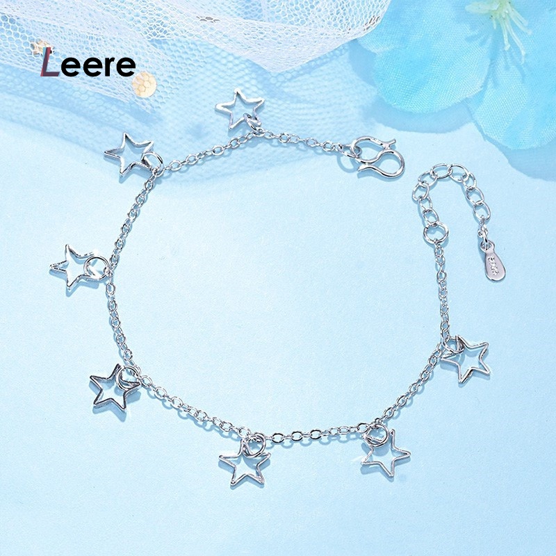 LEERE -925 Perak Berbentuk Hati Rantai Gelang Bunga Bintang Liontin Korea Fashion Gelang Wanita Hadi