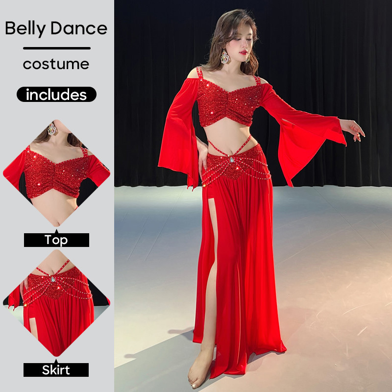 

Belly Dance Costume Set Suit Outfit Top and Skirt Sequin Spring Mesh For Adult Women Stage Performance Personal Practice Clothes