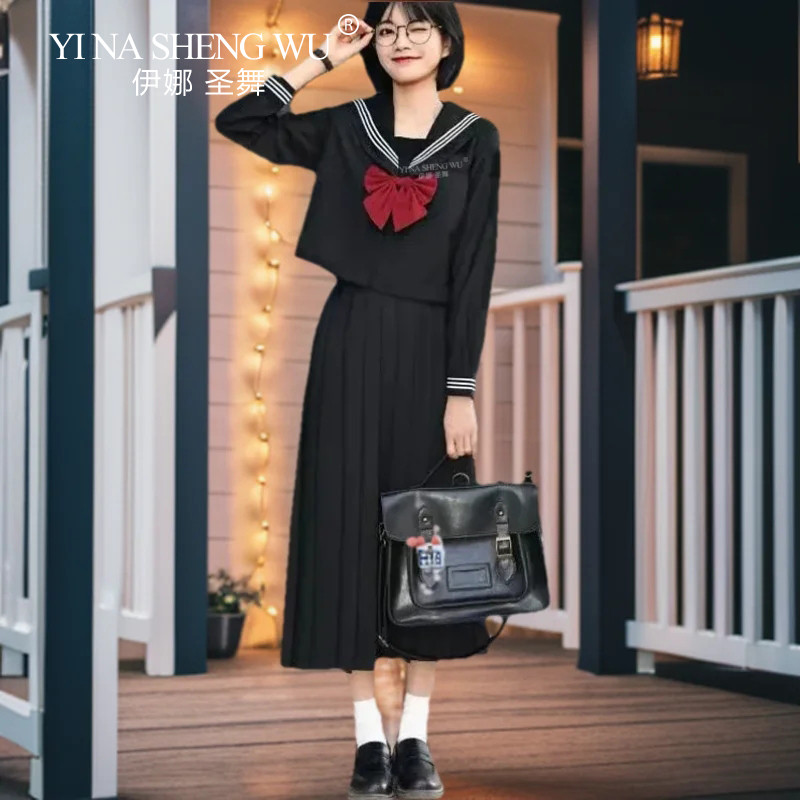 Japanese Korean School Uniform Girls Jk Costumes Red Tie Black Three Basic Sailor Uniform For Women 