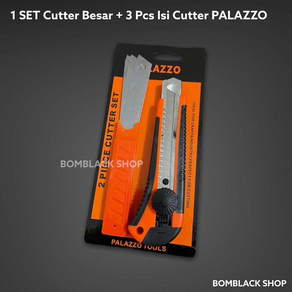 

PALAZZO Pisau Cutter Besar 18mm Grip Karet + 3 pcs Isi Cutter Mata Pisau Kater Tidak Licin Potong Kabel Listrik Pertukangan Tukang Perkakas