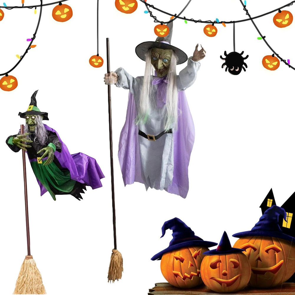 Flying Witch Decorations with Luminous Eyes Halloween Flying Witch on Broom Decor Outdoor Hovering W