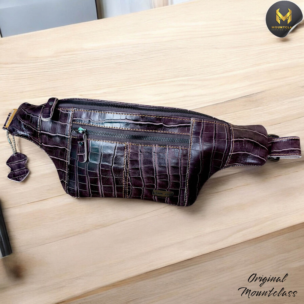 Mountclass Tas Selempang Waistbag Pinggang Pria Kulit Sapi Asli Motif Buaya Terbaru
