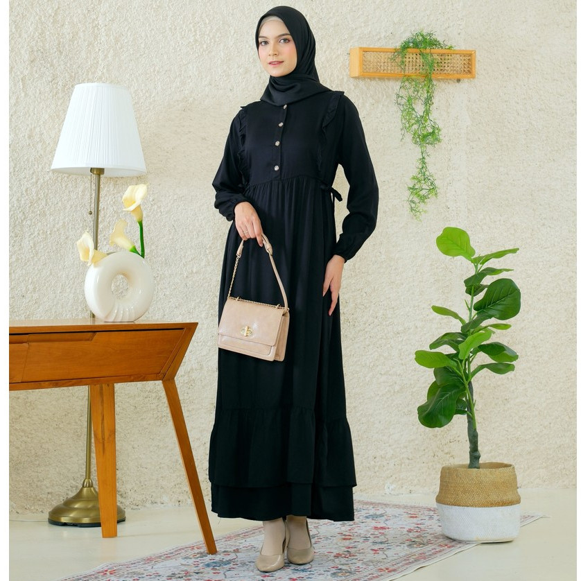 [HOT NEW] RILLEY - Gamis Fauzia | Dress Panjang Muslim Wanita Hitam Bahan Rayon