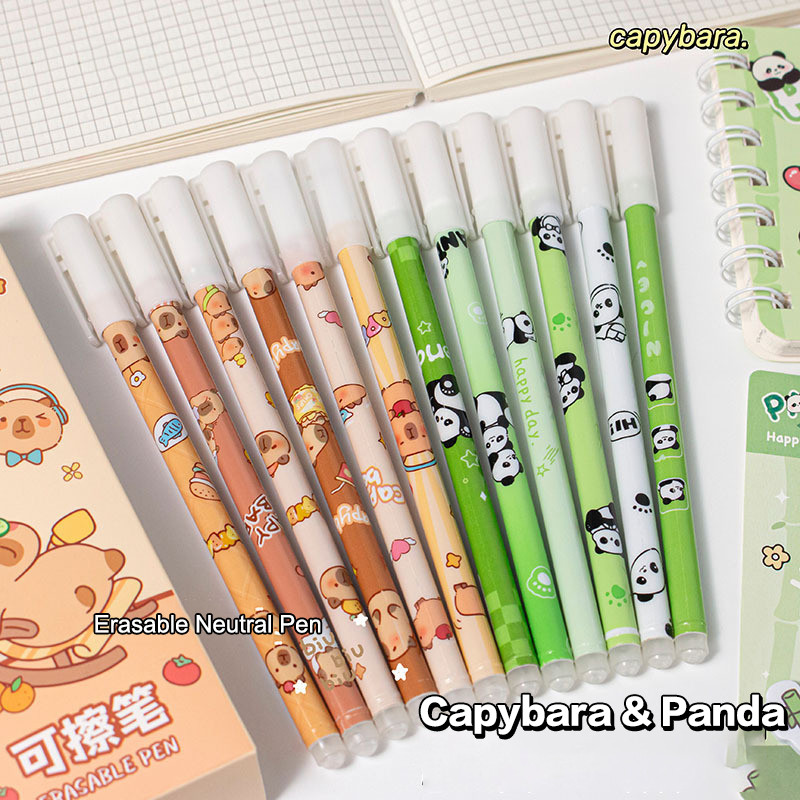 

12Pcs Cartoon Capybara Panda Gel Pen Writing Smooth Quick-Drying Blue Erasable Pens Kawaii Student Stationery Office Supplies