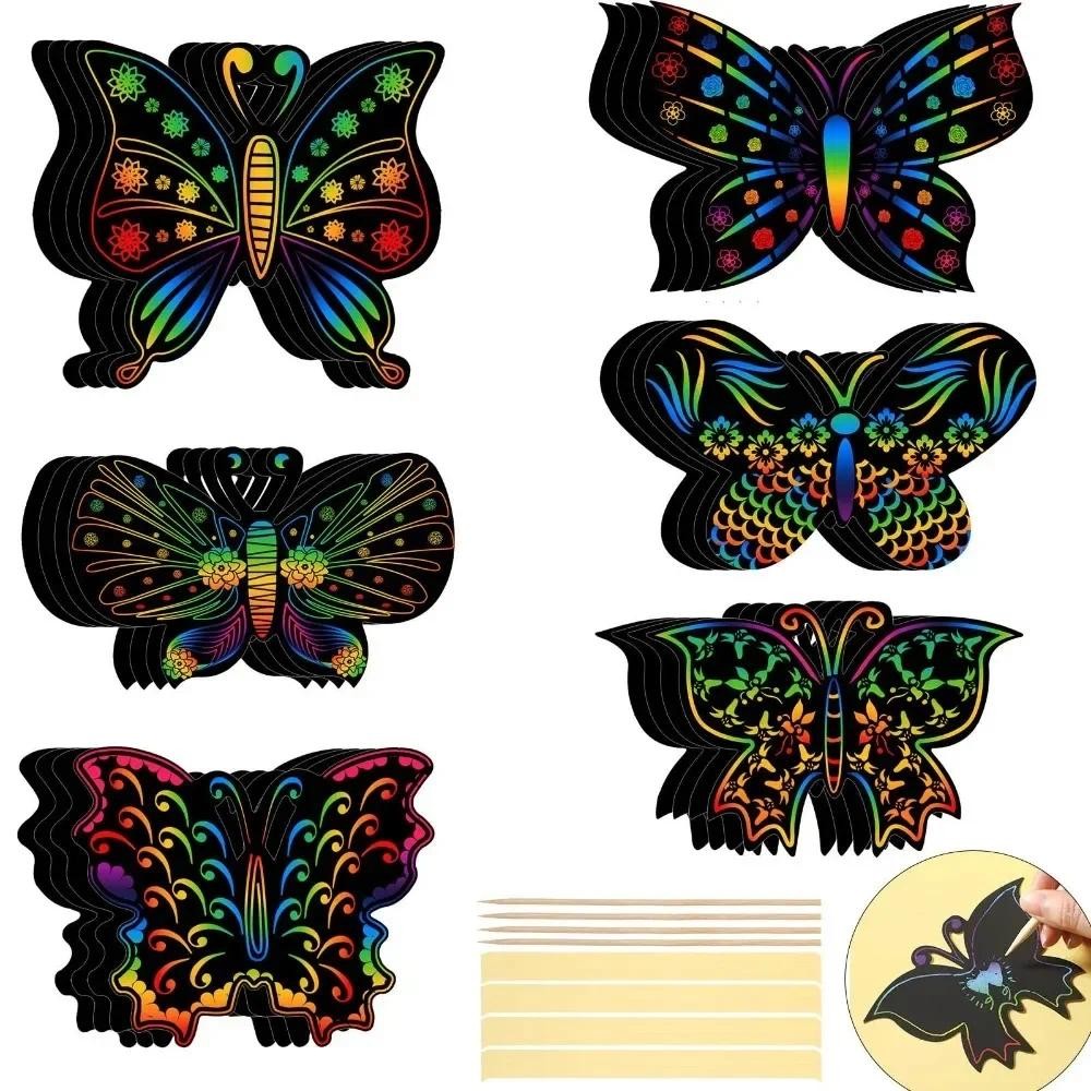 

6/12Pcs Set Magic Scratch Art Butterfly Scratch Drawing Paper Bookmarks Kids Painting Book Creative Card Sticker Educational Toy