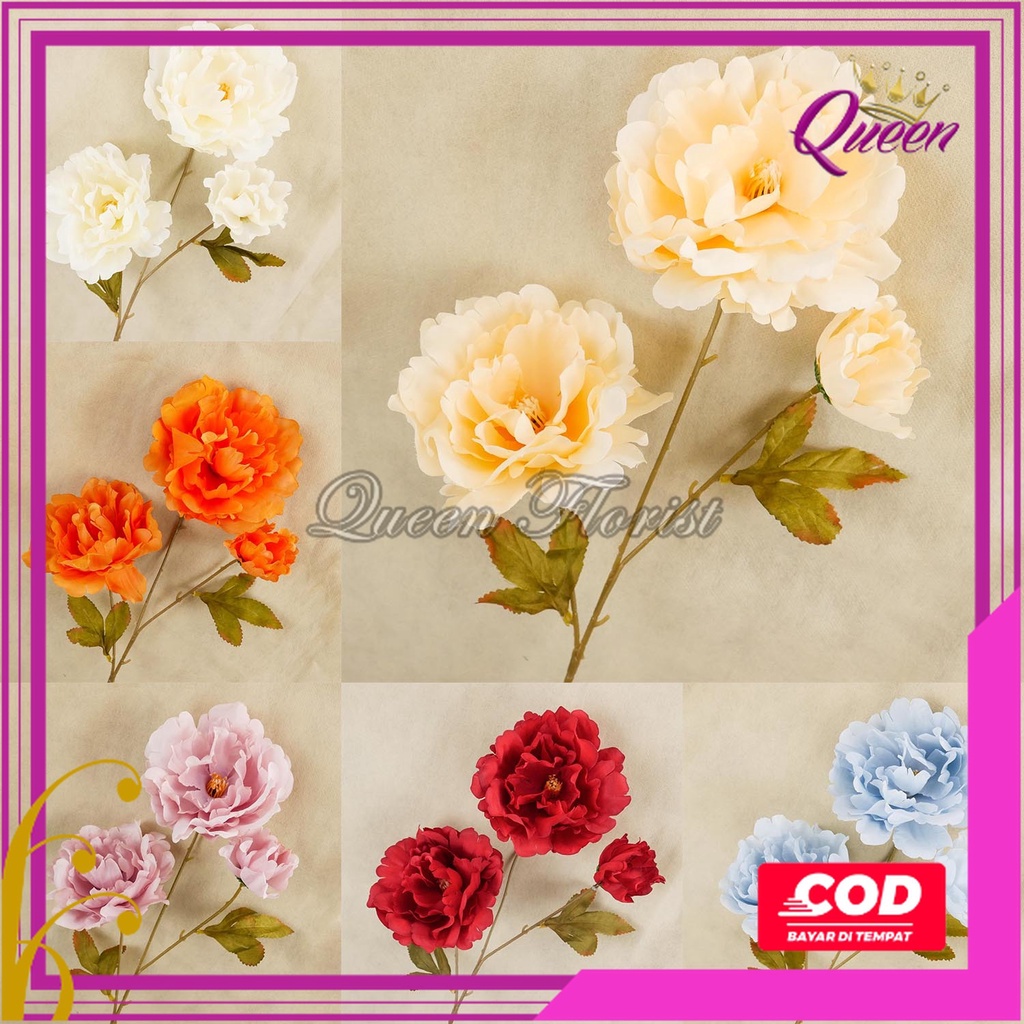 Bunga Mutan Peony Jumbo Tangkai Panjang Cabang 3 Flowers Besar 11cm Panjang 65cm Bunga Palsu Moutan Peoni Artficial Tanaman Hias Dekorasi Pelamaninan Bucket Hiasan Pojok Ruangan Hotel Rumah Cafe Artifisial Import Premium Murah