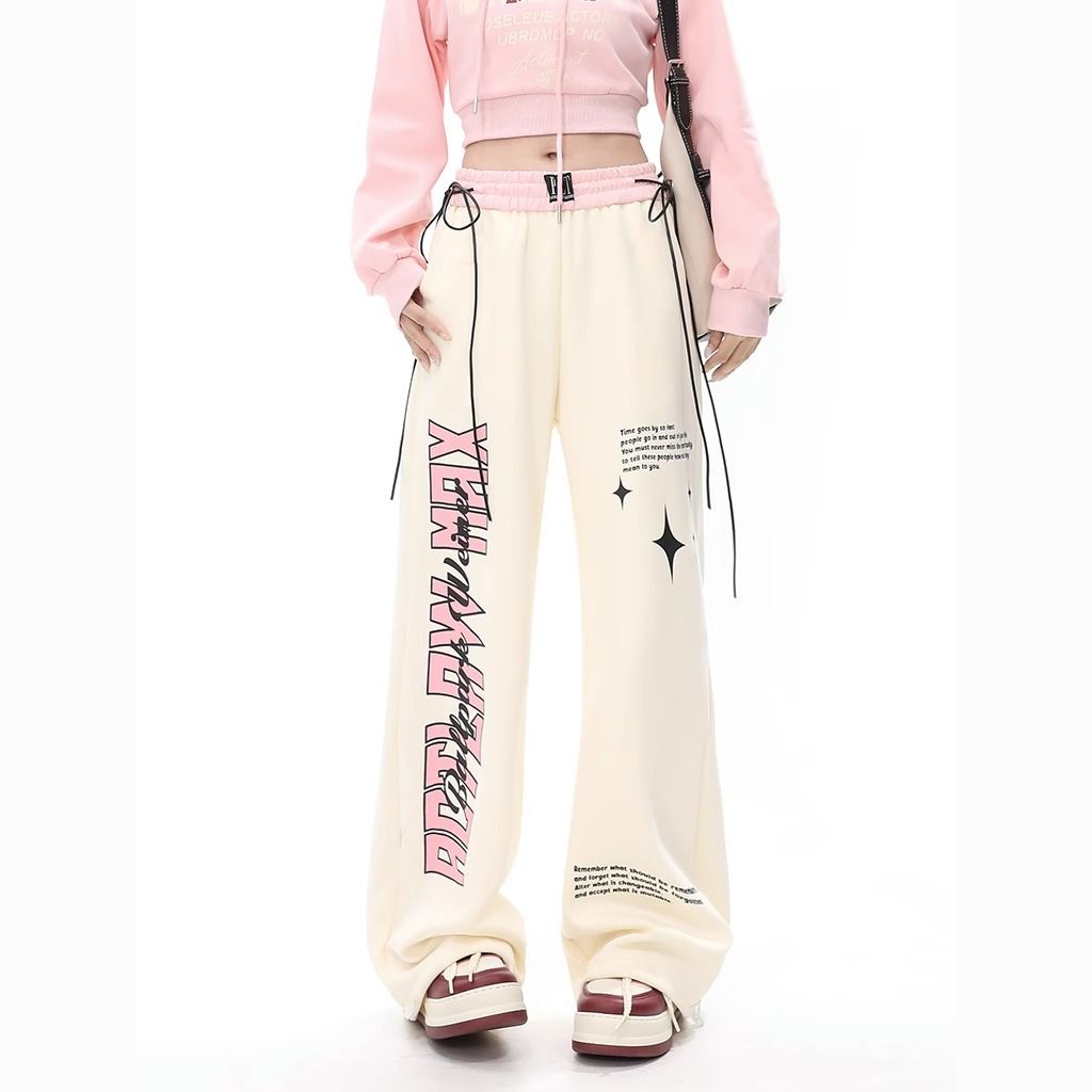 [ COD✅ ] Aroana Alesha Celana Kasual Lurus Gambar Cetak Huruf Retro Baru 2023 untuk Pria dan Wanita 