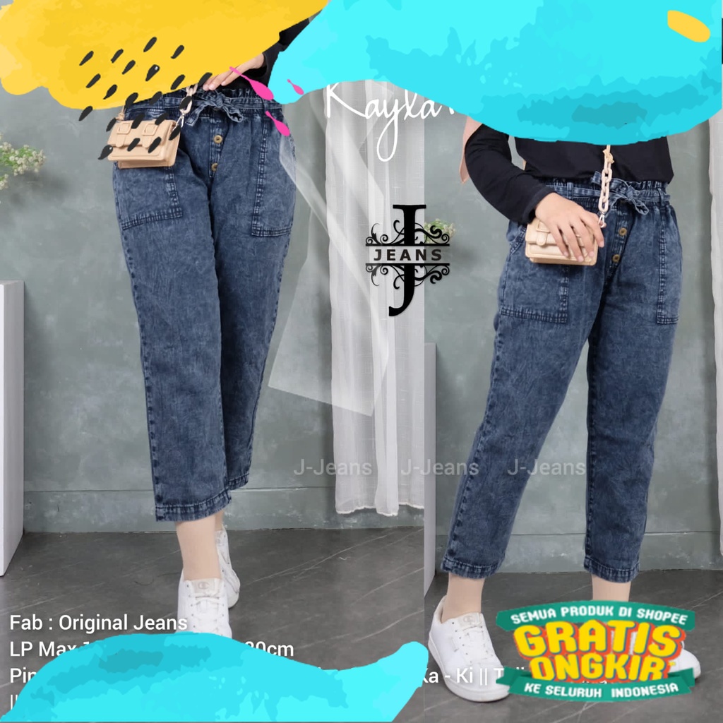 Celana Jeans Terbaru KAYLA #3 / Celana Baggy Jeans Kancing Snow High Waist dengan Tali Gesper/ Silve