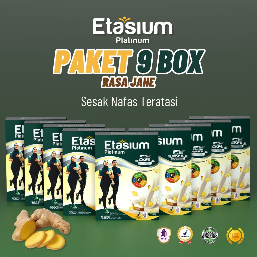 

[9 BOX] Susu Kambing Etasium Platinum Jahe Untuk Atasi Asma,ISPA, Gangguan Pernapasan | Minuman Susu Kalsium Tinggi Rasa Enak Tidak Prengus | Bubuk 200g