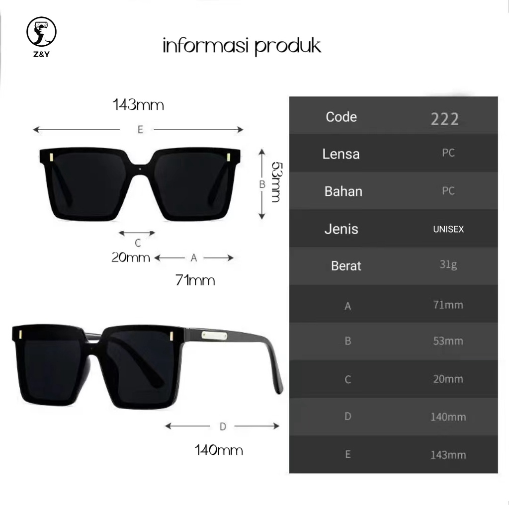 Z&amp;Y Cod Kacamata Hitam Minus 222 Sunglasses Minus Lensa Anti Uv400  Pelindung UV400  Oversize  Pria Dan Wanita Fashion Keroa Style