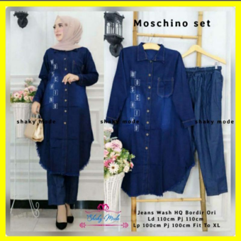 BAJU SETELAN WANITA TERLARIS MOCHINO SET JEANS DEWASA JUMBO JEANS