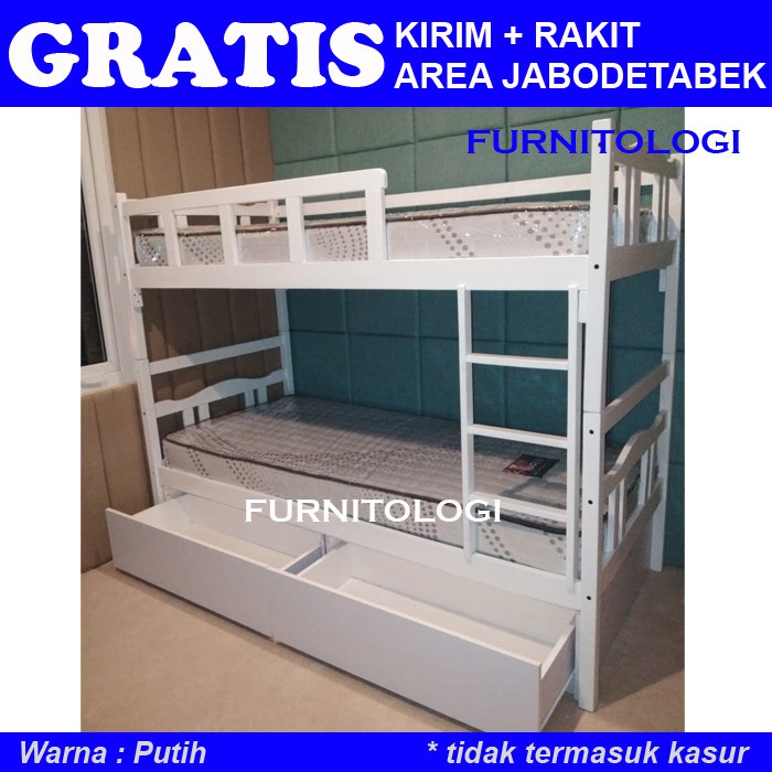 PROMO CUCI GUDANG Ranjang Susun 2 Tingkat dengan Laci Kolong Serbaguna White Bunkbed Ranjang Susun P