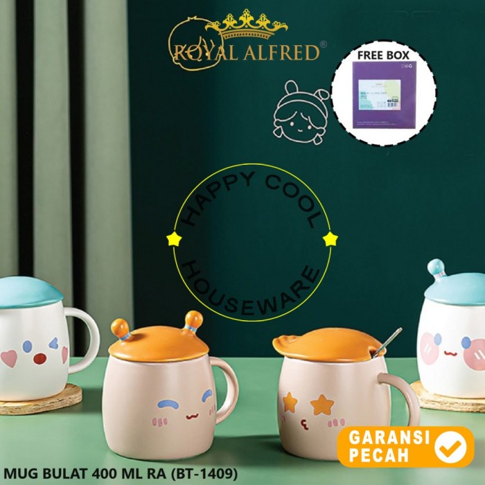 ROYAL ALFRED 1 set Mug Bulat Keramik + Tutup 400ml Assorted BT-1409