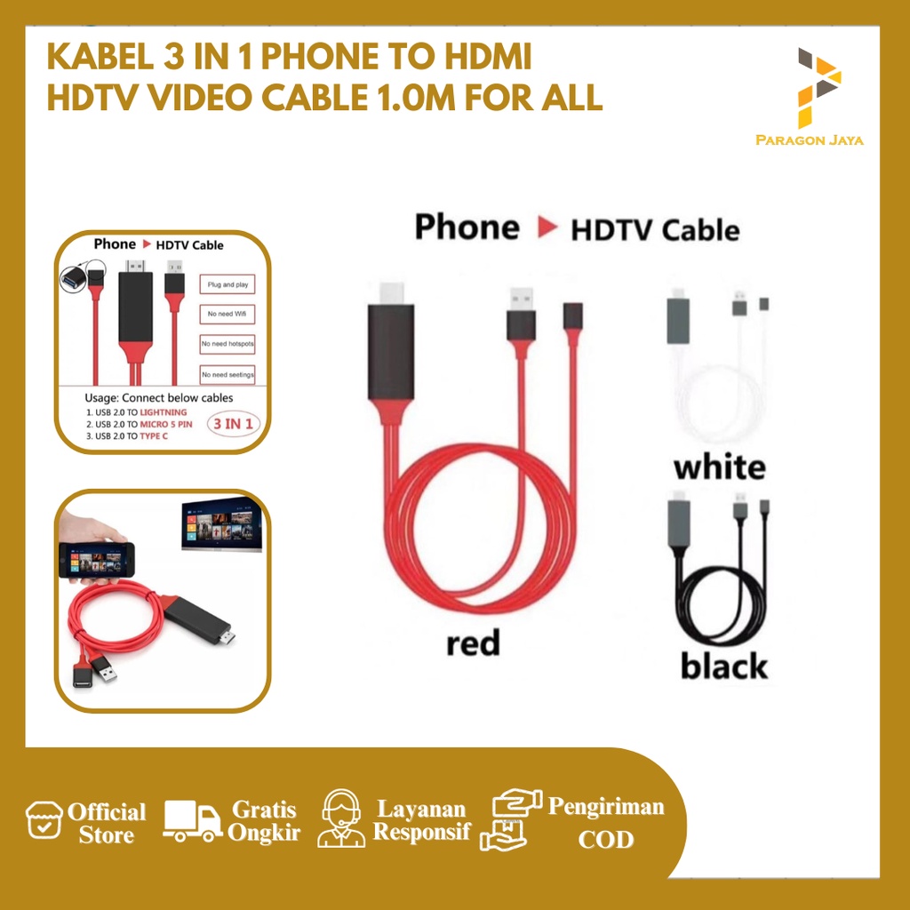 Kabel 3 IN 1 PHONE TO HDMI HDTV Video Cable 1.0M FOR ALL PHONE