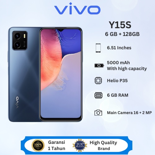VIVO Y15S Smartphone Android 6GB RAM 128GB Handphone 6.51-Inci 5000mAh HP Murah Cuci Gudang