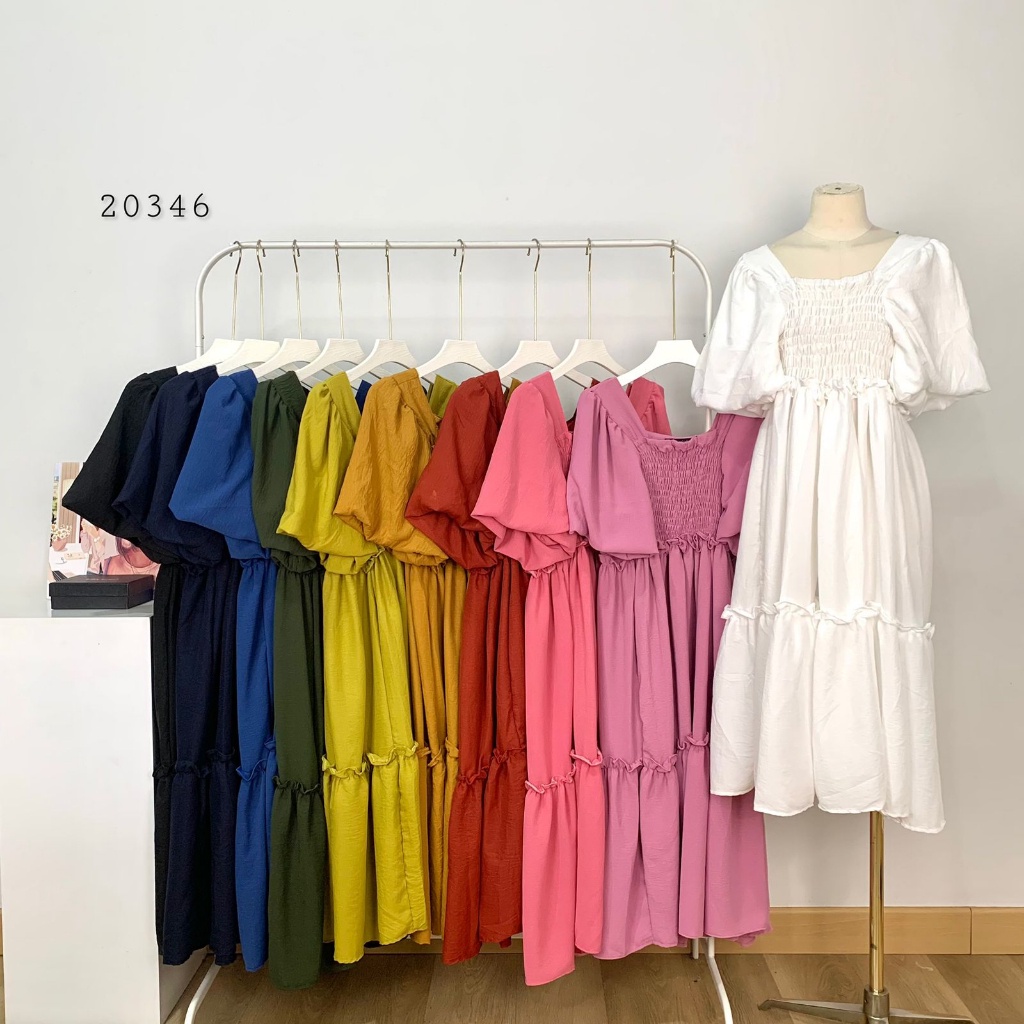 20346 DRESS CRINKLE BABYDOLL POLOS RUMPLE TINGKAT FULL KARET BAGIAN DADA TANGAN BALON PREMIUM TERUSA