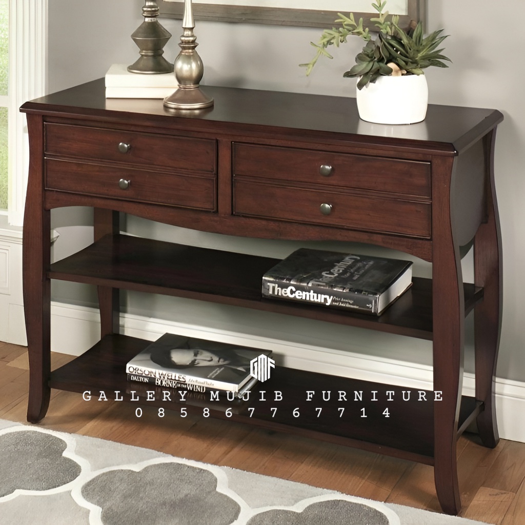 Meja Konsul Jati 2 Rak Kaki Garengan