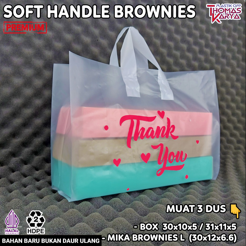 Kantong Plastik Soft Handle 33x30 muat Box Brownies isi 50 Tas Motif THANK YOU PINK
