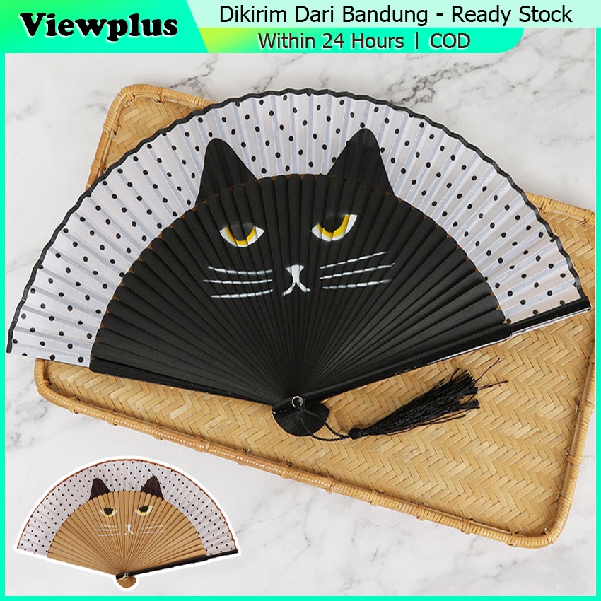 Kipas Tangan Lipat Kain Jepang Cina Motif Kucing Lucu Kado Kayu Kipas Menari