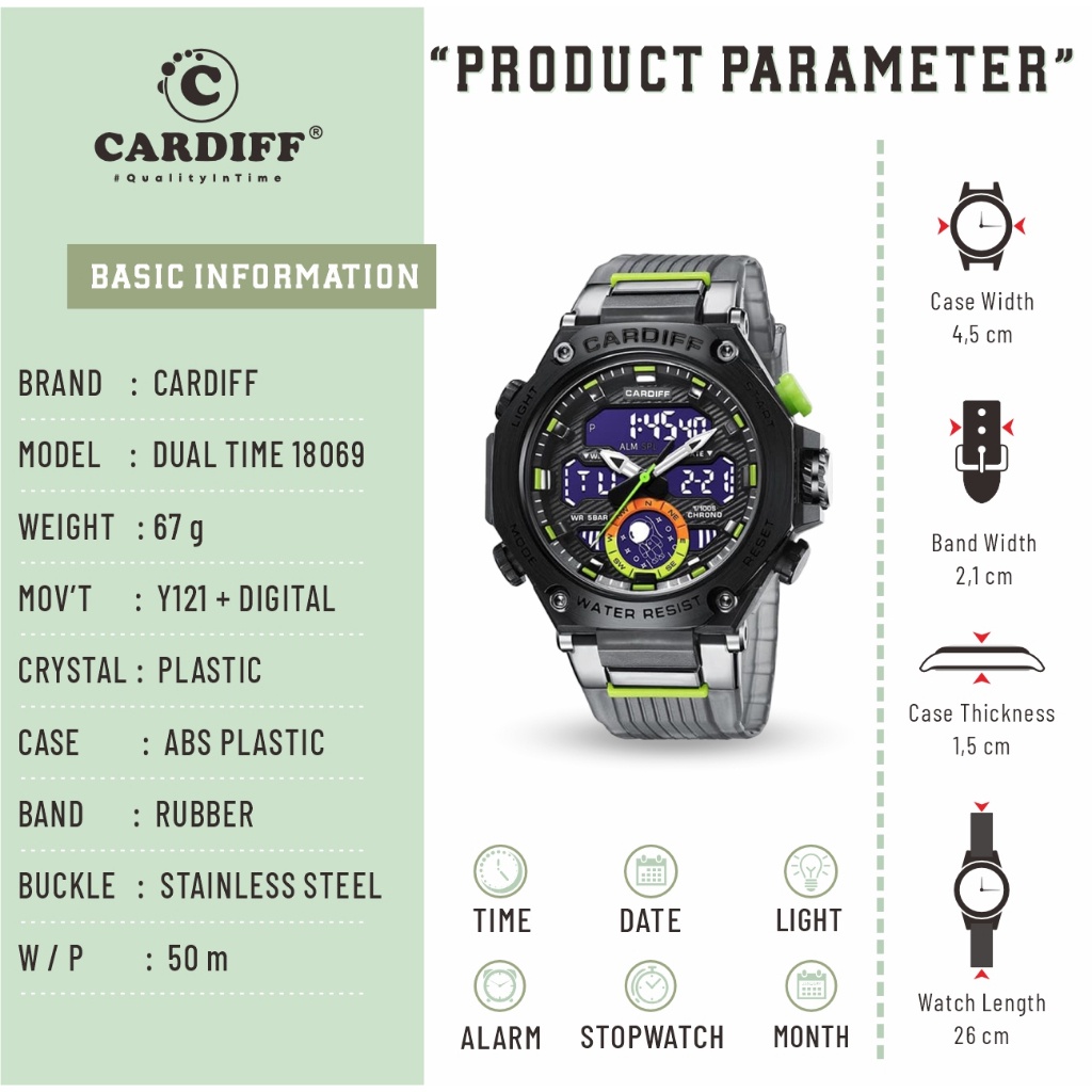 COD CARDIFF Dual TIme S 18069 Jam Tangan DIgital Analog Casual Pria Water Resist