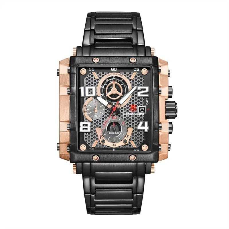 JAM TANGAN ANALOG SEGI CHRONOGRAPH T5 H 3802 G RANTAI STAINLESS