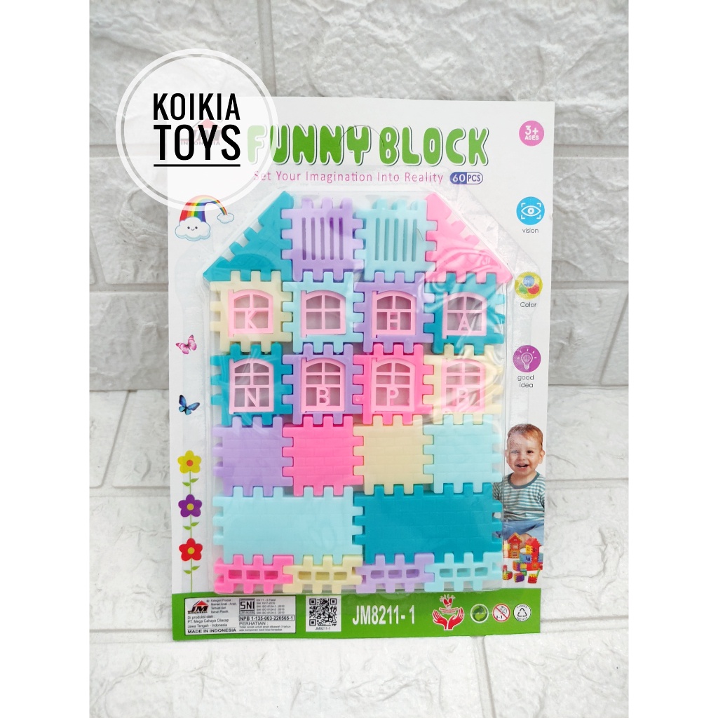 Mainan anak balok bentuk rumah puzzle bahan plastik