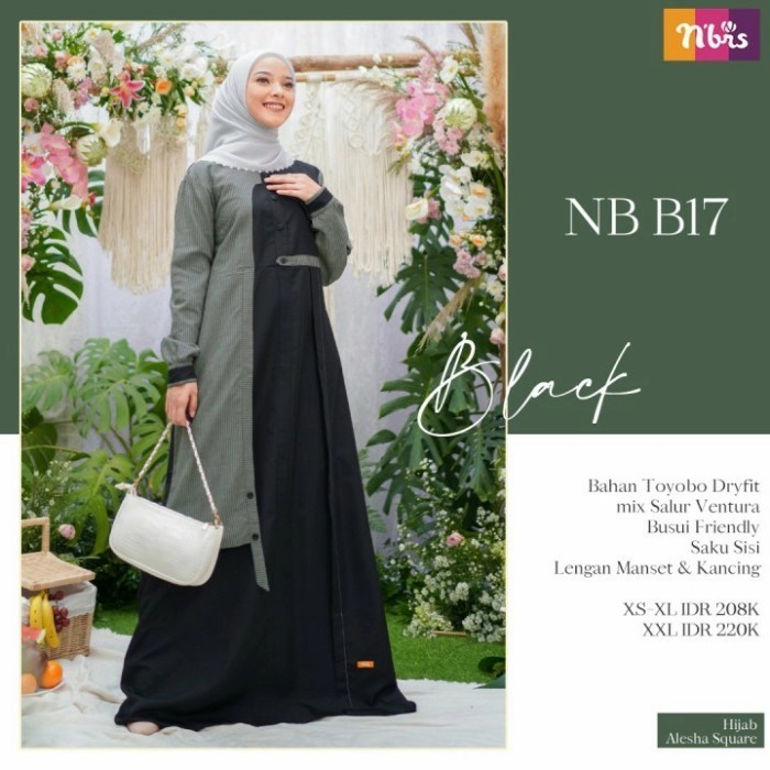 ✔Girya.Syo✔ - TERLARIS Gamis Nibras Nb B17 Warna Hitam Bahan Katun Toyobo Cantik Branded Ori - Hitam