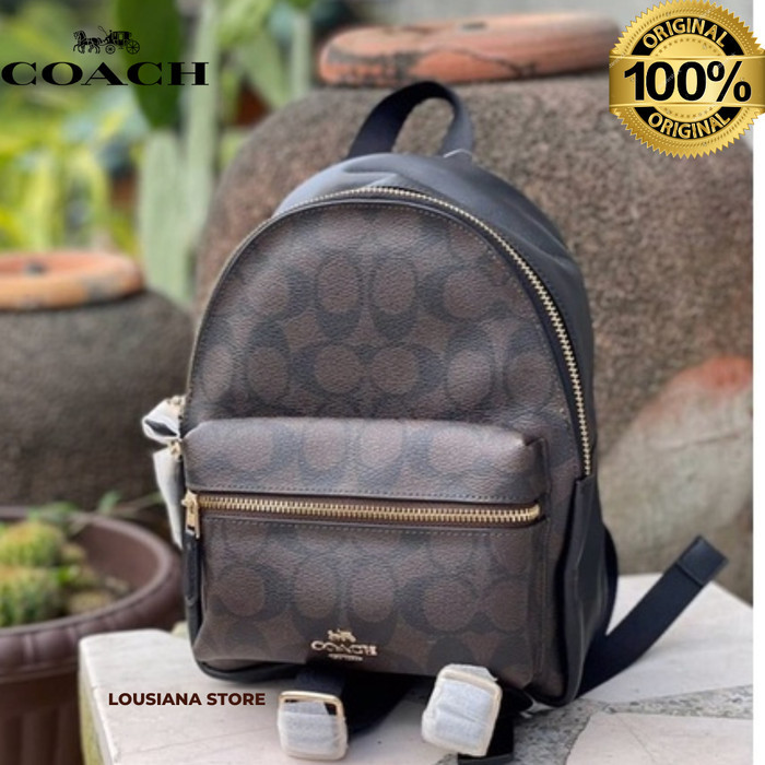 Ċöāĉħ MINI CHARLIE BACKPACK IN SIGNATURE CANVAS MAHOGANY