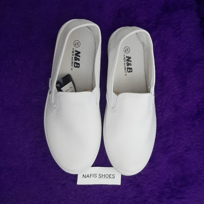 [TERBARU] sepatu import pantofel slip on wanita putih polos/sepatu suster - Putih, 37