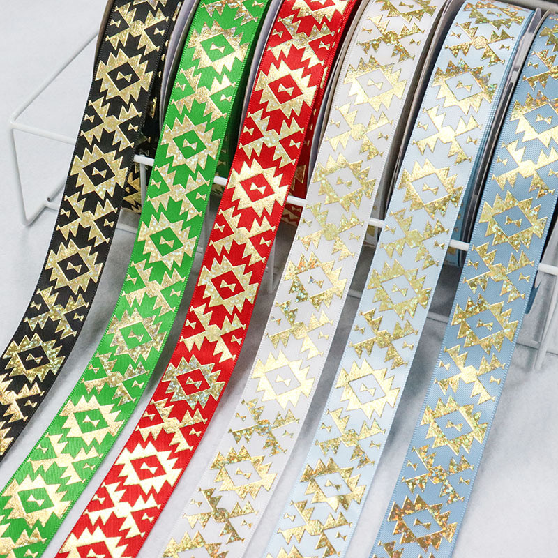 

50Yards 25mm Hologram Gold Foil Geometric Aztec Yama Satin Ribbon Welcome Custom Printed