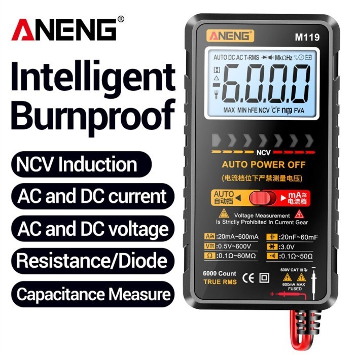 ANENG Digital Multimeter Multitester Voltage Tester with NCV Sensing - M119 - Black