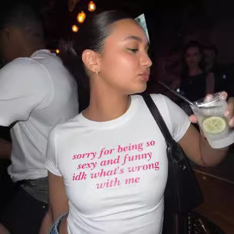 Atasan Letter T-shirt  Spice Girl mencetak s-shirt ketat, fashion musim panas Crop top Amerika