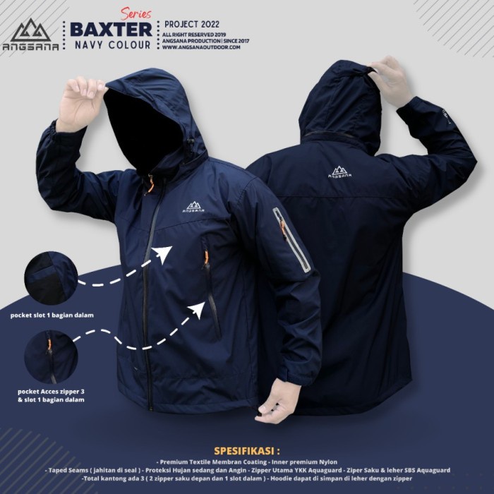 [Best Seller] Jaket Gunung Goretex 3 Layer Waterproof Angsana Outdoor Baxter Sealed - navy, M