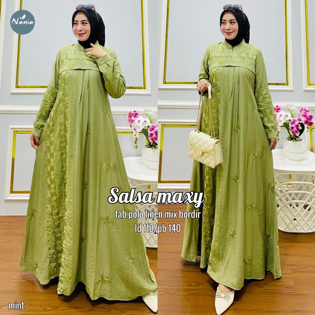 Gamis syari Salsa/dress wanita Busui/Dress pesta kondangan/Dress jumbo bahan linen/Gamis jumbo LD 11