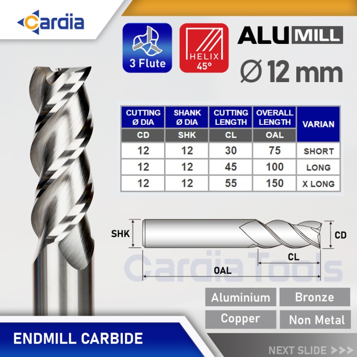 Endmill 12 mm Long 75 | 100 | 150 3 Flute Aluminium End Mill Carbide