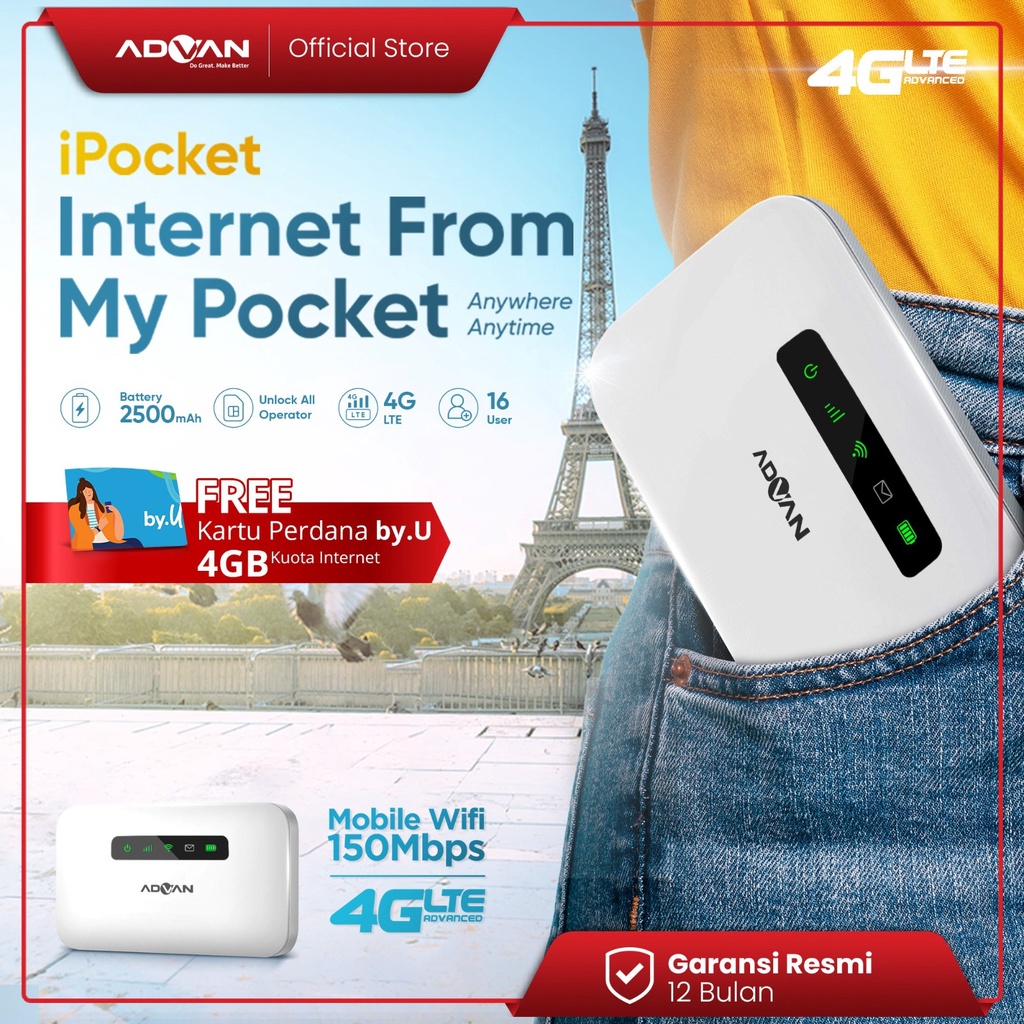 ADVAN iPocket MIFI MF01 Modem WiFi 4G LTE Unlock Gratis Telkomsel 3GB