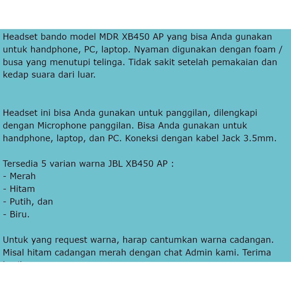 Headphone JBL MDR XB450 AP Stereo Bass Headset Bando JBL MDR XB450 AP Kabel Jack 3.5mm + Microphone