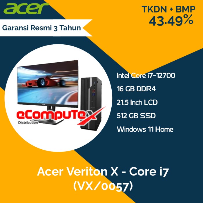 PC Desktop Acer Veriton X (VX/0057) i7-12700 16GB 512GB - TKDN RESMI