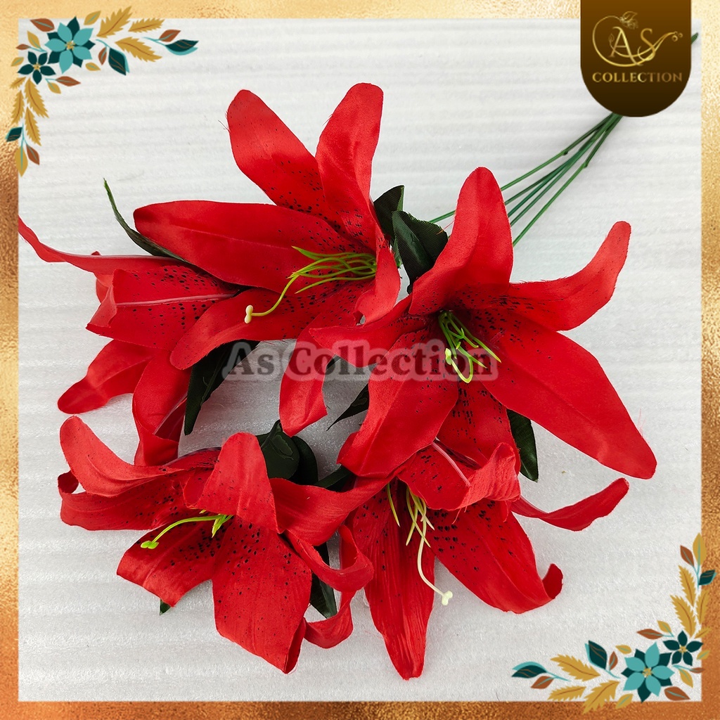 Bunga Lily Cabang 5  - Dekorasi Lily Tiger Casablanca plastik lili Hiasan Pernikahan Bunga Artificia