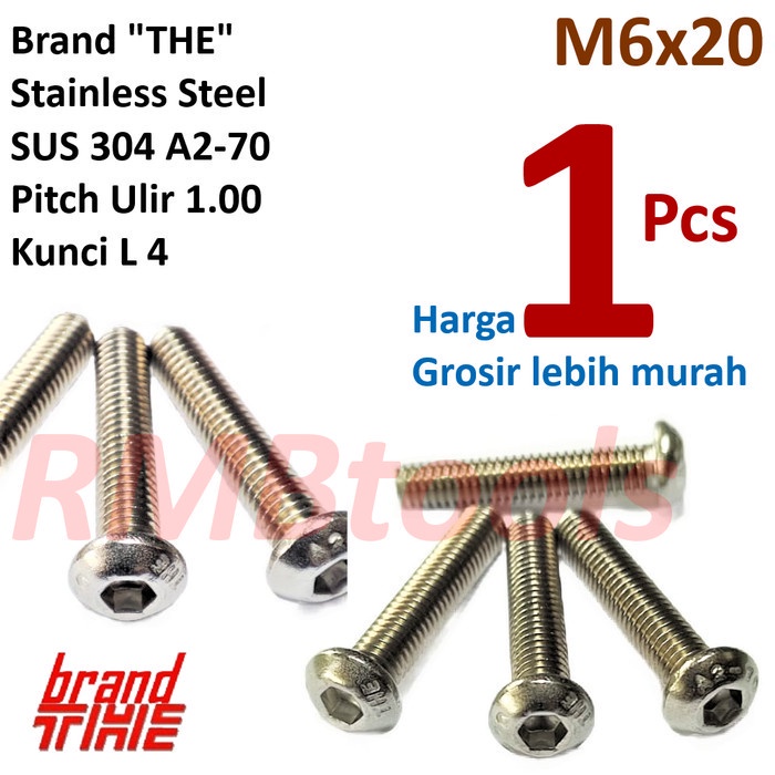 Baut L Button M6 x 20 Panjang 2cm Stainless Steel SUS 304 Grade A2-70 Kunci L4 M6 / Baut L SS 304