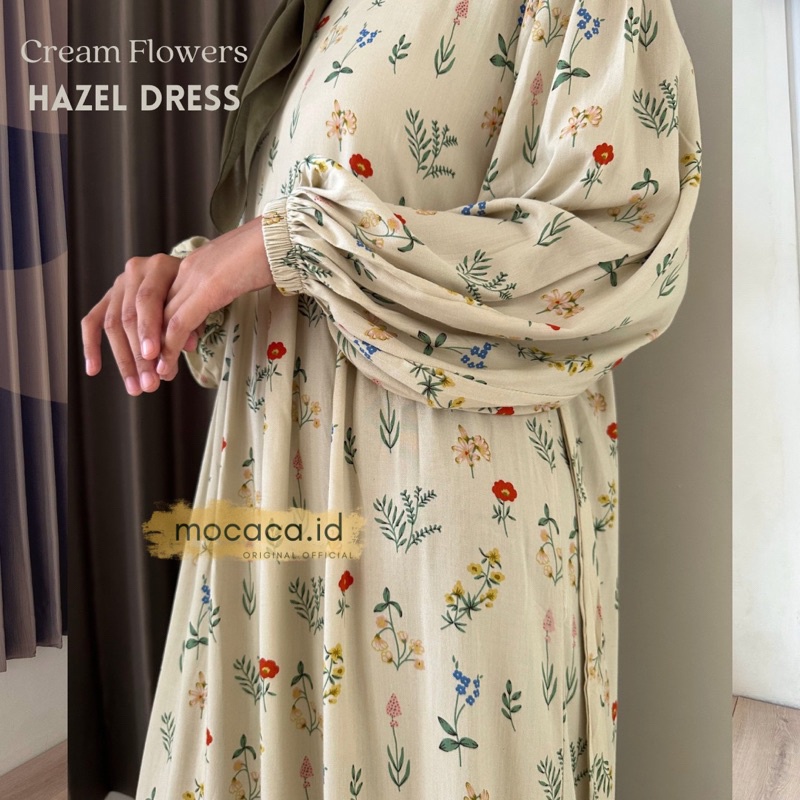 Hazel Dress Cream Flower Gamis Rayon Motif Premium Lengan Balon Babydoll 3 Susun ada tali samping A 