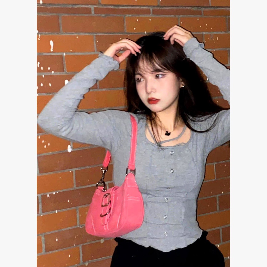 Aroana BagTas Baguette Diblokir Warna Merah Mawar Buram Retro Baru Tas Wanita Selempang Rantai Bahu 