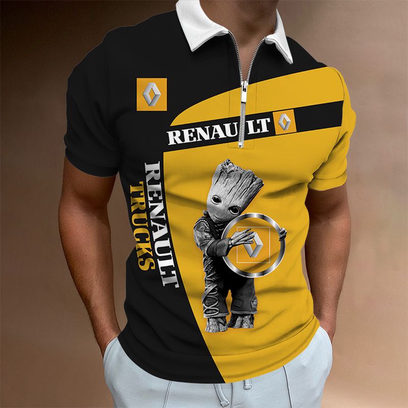 Summer new short sleeved men's checkered polo shirt with loose lapel RENAULT car logo youth zippered