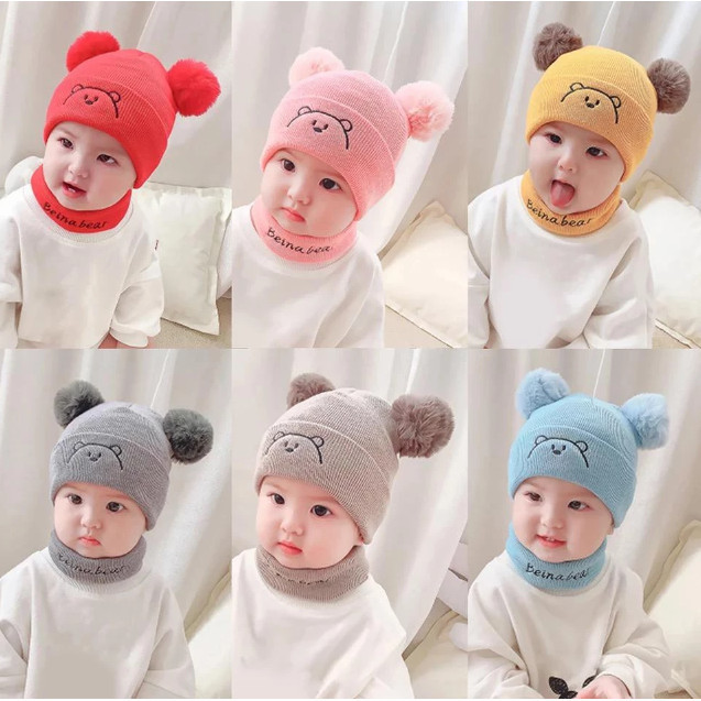 Topi Kupluk Rajut Anak Bayi Laki-laki Perempuan 0 s/d 3 Tahun Lucu Tebal Model Pompom Bear Cowok Cew