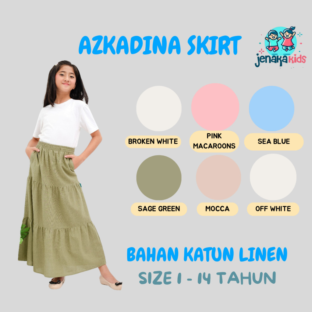 1 - 14 Tahun Azkadina Skirt Rok Panjang Anak Perempuan Warna Sage Green JENAKA KIDS