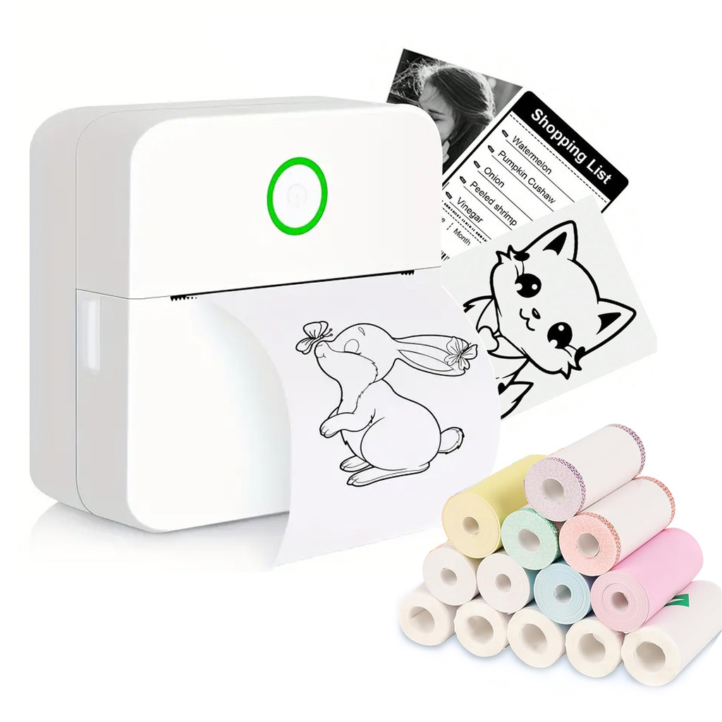 

Mini Portabl Printer Inkless Sticker Maker, Free Cut Small Pocket Printer, Portable Thermal Printer for Photo Journal Notes Memo