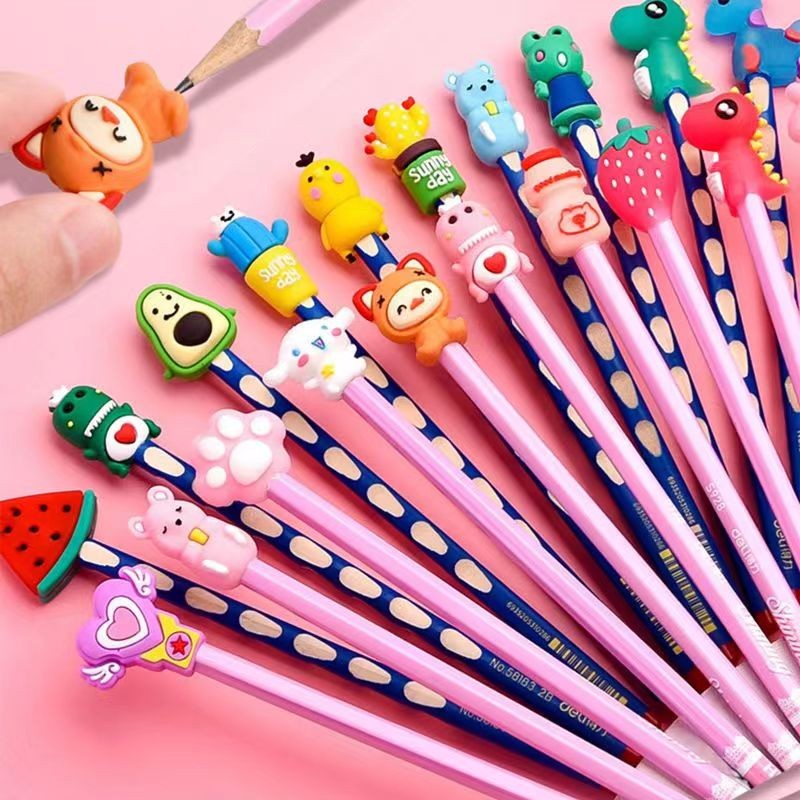 

10pcs Cute Cartoon Pencil Cap Silicone Neutral Pen Cover School Students Supplies Soft Rubber Pencil Protector